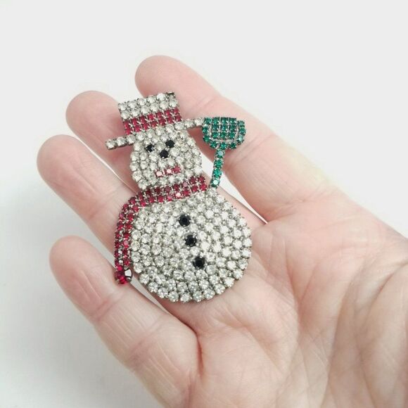 Vintage Rhinestone Snowman with Top Hat Red Green Frosty Winter Christmas Estate - Picture 3 of 5